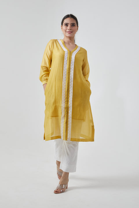 Order Canary Yellow Chanderi Handloom Shirt Kurta with Lace inserts & Cotton Pants in White (Set of 3) - By Vinusto