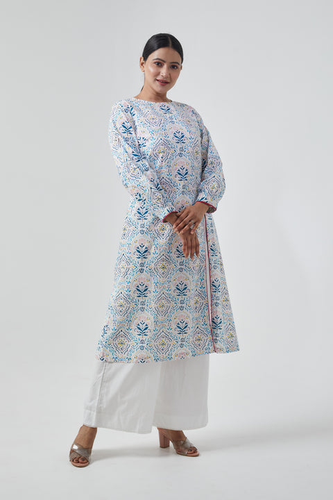 Premium High Slit Kurta & Palazzo in Off White Cotton Hand Block Print (Set of 2) - By Vinusto

