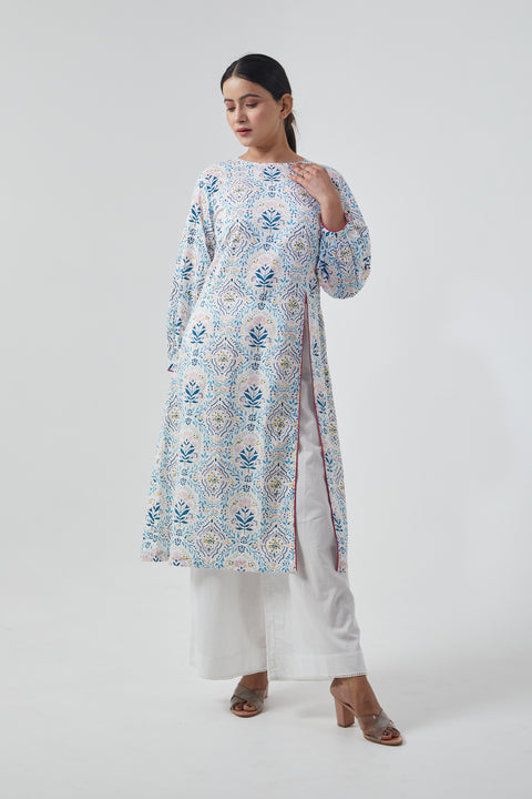 Shop High Slit Kurta & Palazzo in Off White Cotton Hand Block Print (Set of 2) - By Vinusto
