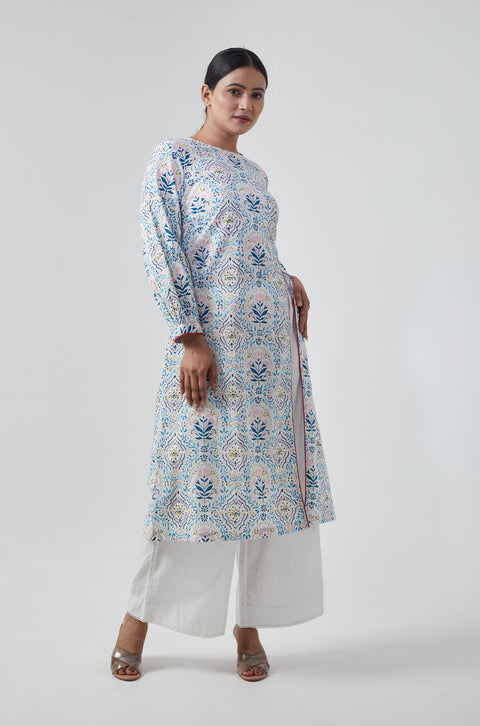 Handcrafted High Slit Kurta & Palazzo in Off White Cotton Hand Block Print (Set of 2) - By Vinusto
