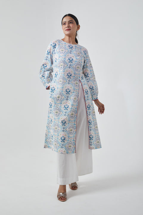 Order High Slit Kurta & Palazzo in Off White Cotton Hand Block Print (Set of 2) - By Vinusto
