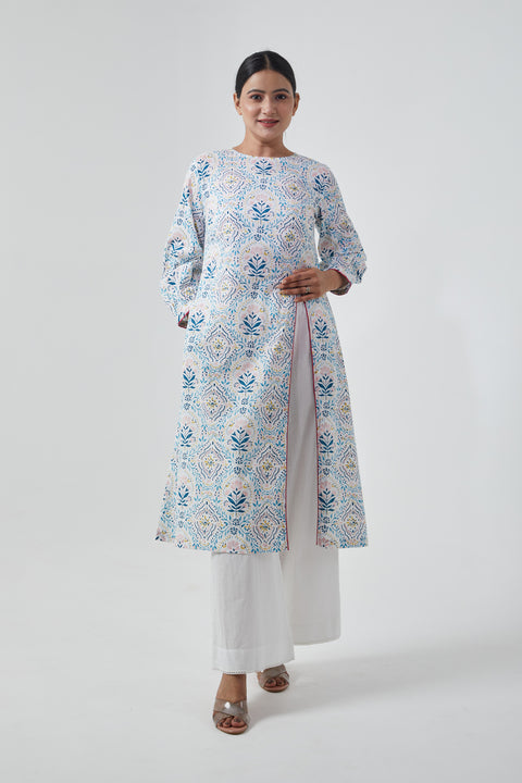 Buy High Slit Kurta & Palazzo in Off White Cotton Hand Block Print (Set of 2) - By Vinusto
