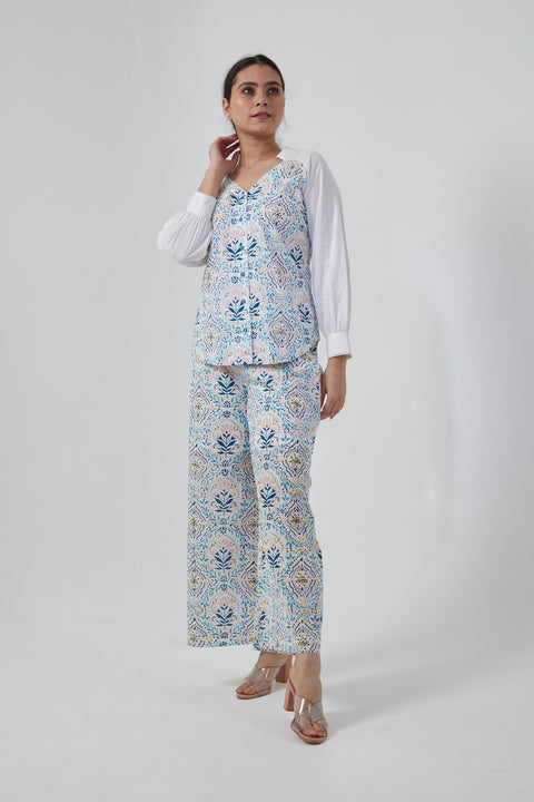Buy Stylized V-Neck Shirt with Palazzo in Cotton Hand Block Print (Set of 2) | Vinusto