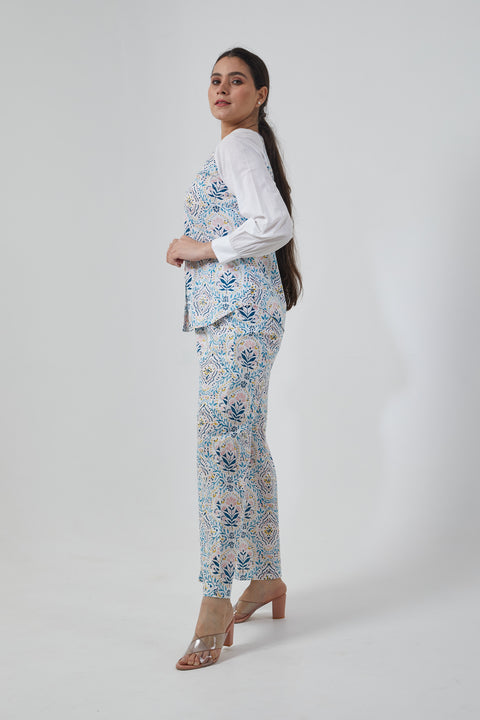 Luxury Stylized V-Neck Shirt with Palazzo in Cotton Hand Block Print (Set of 2) | Vinusto