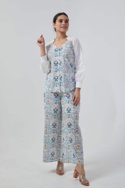 Shop Stylized V-Neck Shirt with Palazzo in Cotton Hand Block Print (Set of 2) | Vinusto