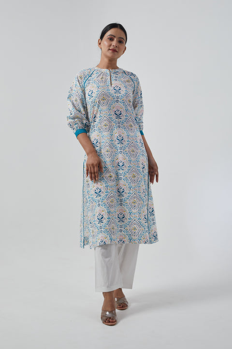 Buy Raglan Sleeve Kurta with Palazzo in Cotton Hand Block Print (Set of 2) - By Vinusto