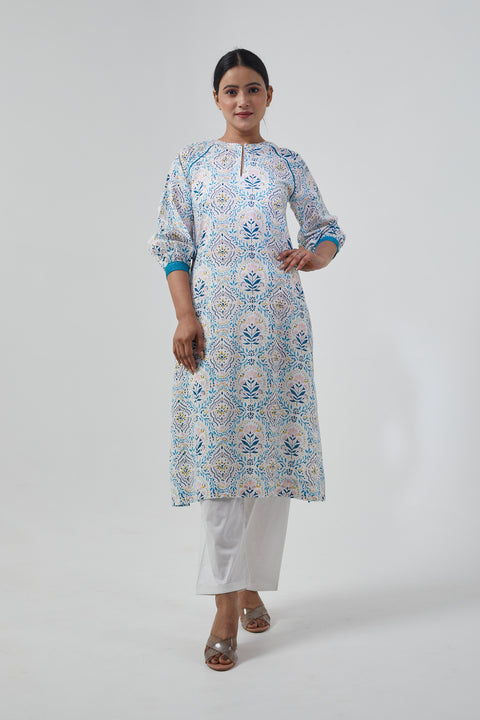Shop Raglan Sleeve Kurta with Palazzo in Cotton Hand Block Print (Set of 2) - By Vinusto