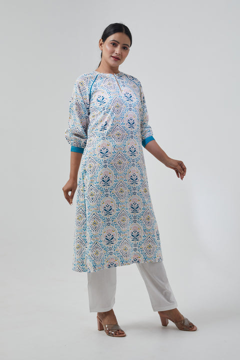 Premium Raglan Sleeve Kurta with Palazzo in Cotton Hand Block Print (Set of 2) - By Vinusto