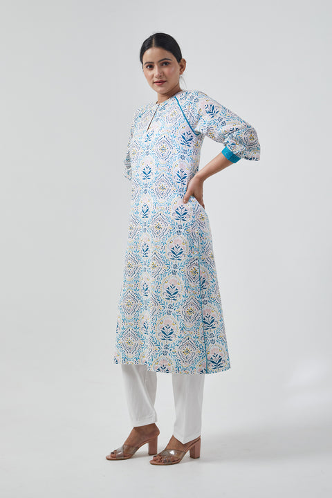 Handcrafted Raglan Sleeve Kurta with Palazzo in Cotton Hand Block Print (Set of 2) - By Vinusto