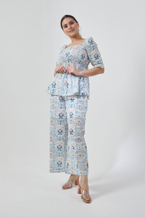Shop Peplum Style Top with Palazzo in Cotton Hand Block Print (Set of 2) | Vinusto