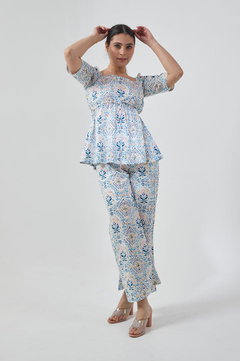 Premium Peplum Style Top with Palazzo in Cotton Hand Block Print (Set of 2) | Vinusto