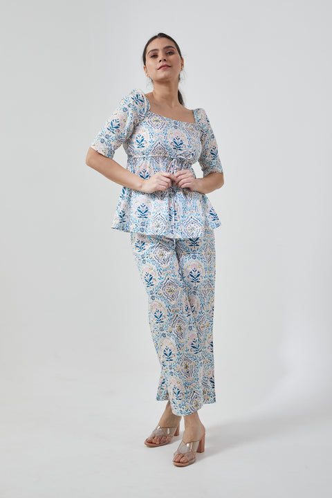 Order Peplum Style Top with Palazzo in Cotton Hand Block Print (Set of 2) | Vinusto