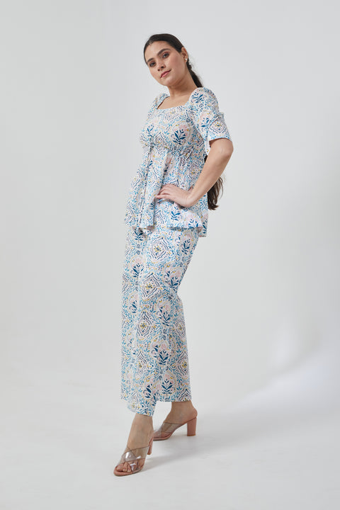 Buy Peplum Style Top with Palazzo in Cotton Hand Block Print (Set of 2) | Vinusto