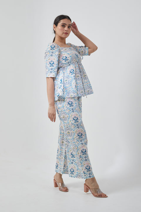 Handcraft Peplum Style Top with Palazzo in Cotton Hand Block Print (Set of 2) | Vinusto