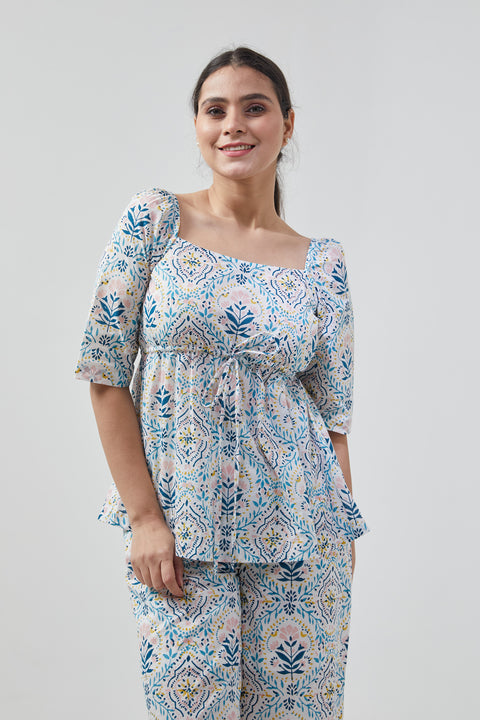 Luxury Peplum Style Top with Palazzo in Cotton Hand Block Print (Set of 2) | Vinusto