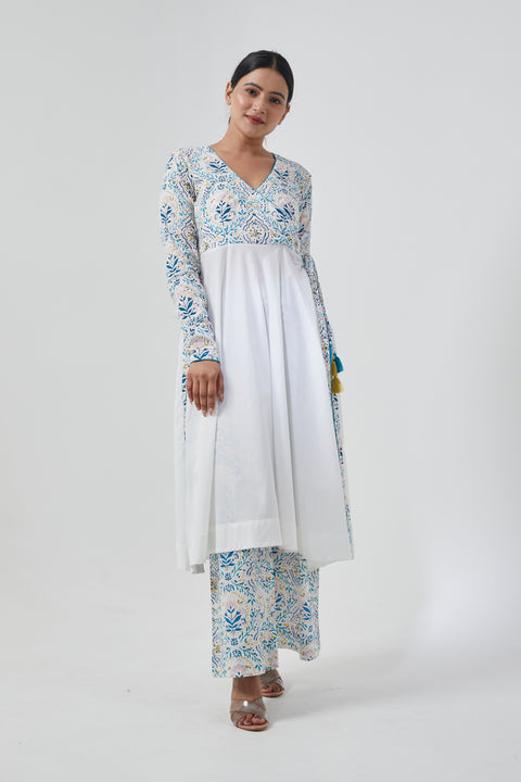 Buy Anarkali Kurta & Palazzo in Cotton Handblock Print with Chanderi Dupatta in Aqua & Lime (Set of 3) | Vinusto