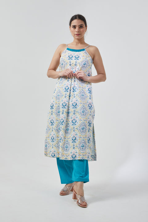 Buy Razor Back Kurta & Salwar in Cotton Hand Block Print with Chanderi Handloom Dupatta in Aqua Blue (Set of 3) - By Vinusto