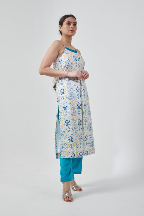 Order Razor Back Kurta & Salwar in Off White & Aqua Cotton Hand Block Print (Set of 2) - By Vinusto