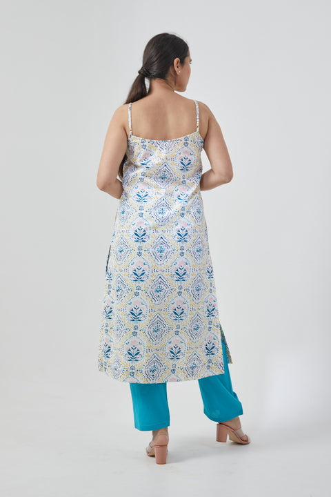 Razor Back Kurta & Salwar in Cotton Hand Block Print with Chanderi Handloom Dupatta in Aqua Blue (Set of 3)