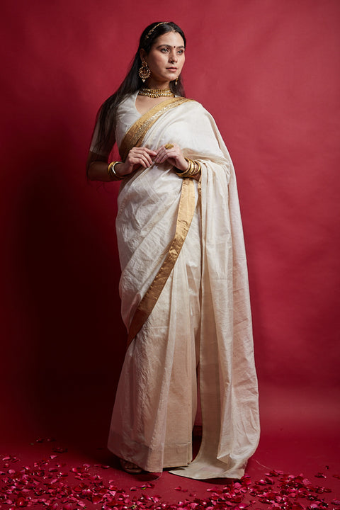 Buy Ivory & Gold Ready-to-Wear Saree with Embroidered Lace Details – Chanderi Handloom

