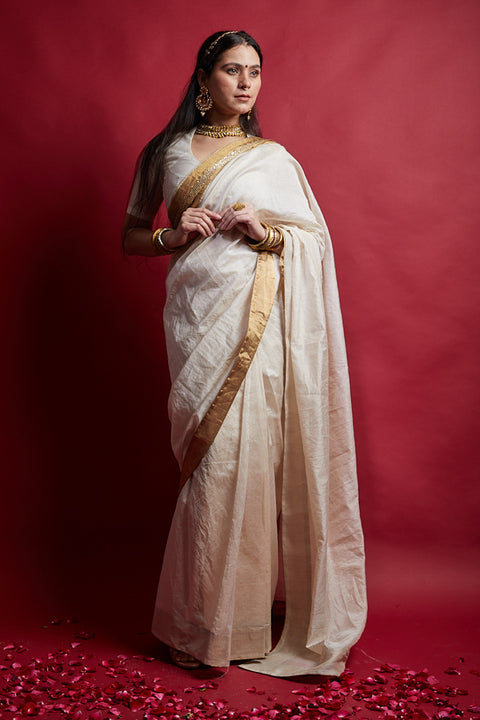 Coordinate Set- Ivory & Gold Ready to Wear Saree Set with  Embroidered Lace details in Chanderi Handloom (Set of 2)