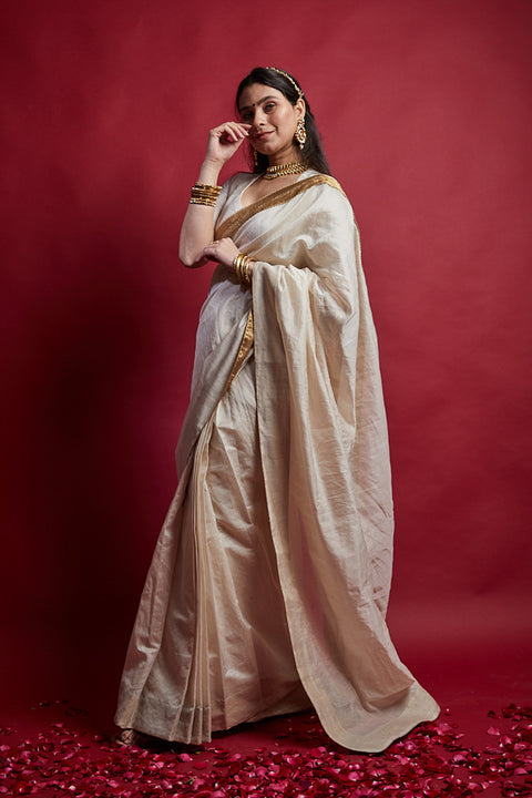 Ivory & Gold Ready to Wear Saree with  Embroidered Lace details in Chanderi Handloom
