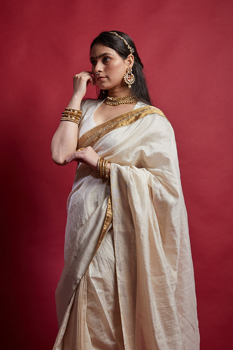 Luxury Ivory Gold Ready-to-Wear Saree Set with Embroidered Lace in Chanderi Handloom (Set of 2) | Vinusto