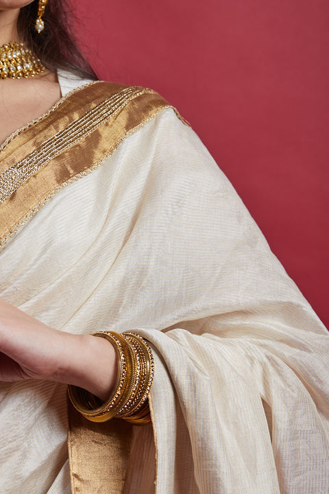 Premium Ivory Gold Ready-to-Wear Saree Set with Embroidered Lace in Chanderi Handloom (Set of 2) | Vinusto