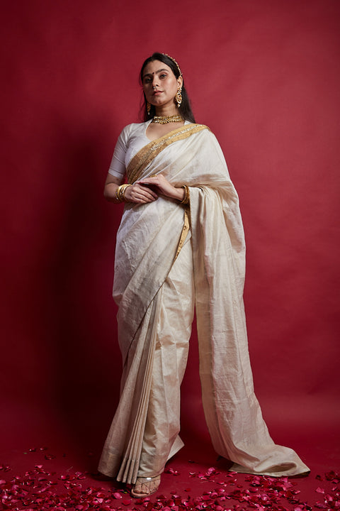 Shop Ivory & Gold Ready-to-Wear Saree with Embroidered Lace Details – Chanderi Handloom

