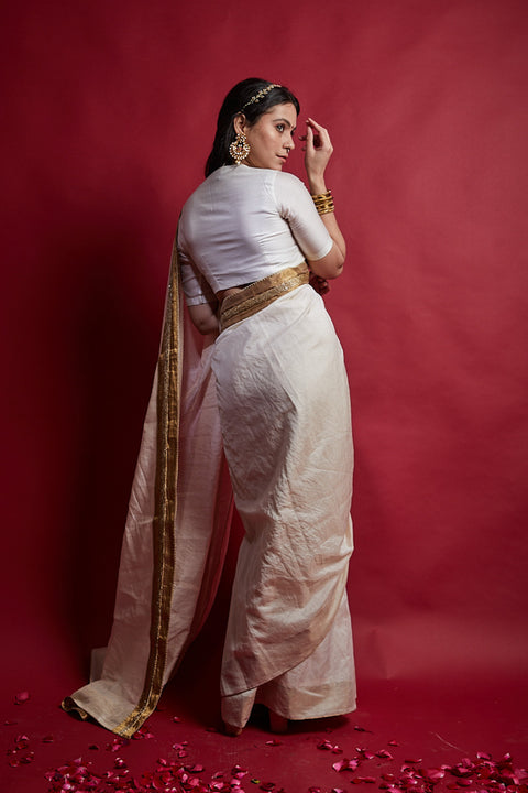 Handcraft Ivory Gold Ready-to-Wear Saree Set with Embroidered Lace in Chanderi Handloom (Set of 2) | Vinusto