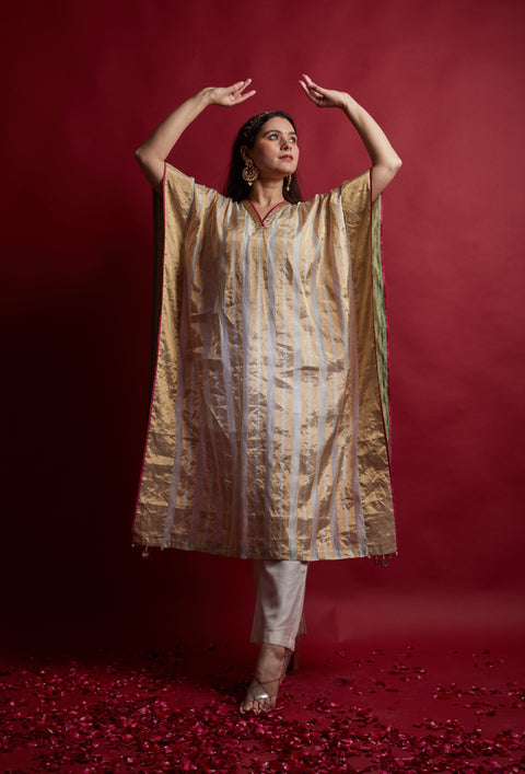 Shop Gold Zari Stripe Kaftan with Pants in Chanderi Handloom (Set of 3) - By Vinusto
