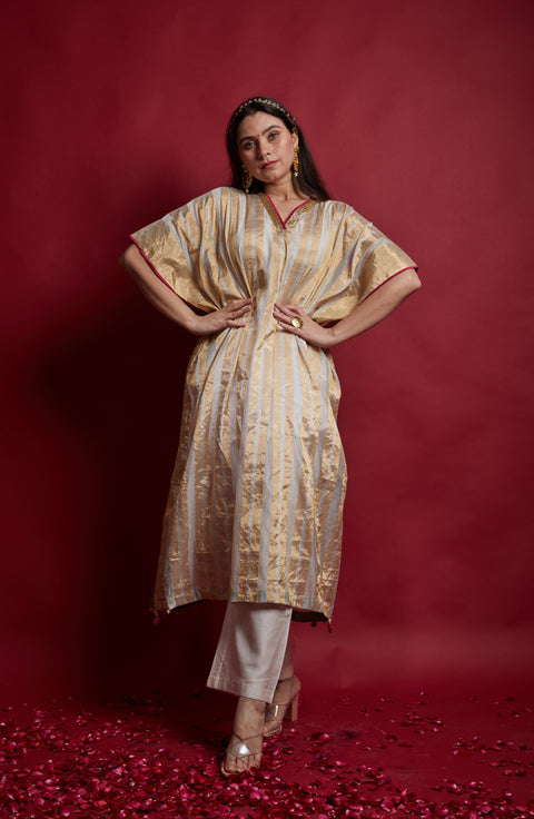 Order Gold Zari Stripe Kaftan with Pants in Chanderi Handloom (Set of 3) - By Vinusto

