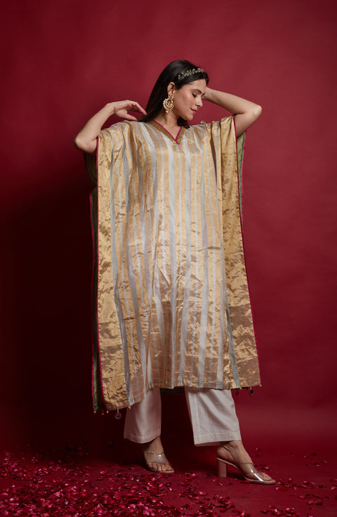 Gold Zari Stripe Kaftan with Pants in Chanderi Handloom (Set of 3)