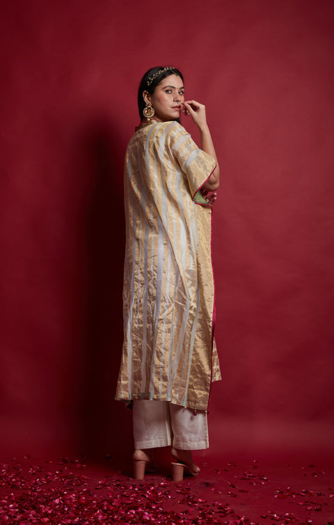 Designer Gold Zari Stripe Kaftan with Pants in Chanderi Handloom (Set of 3) - By Vinusto
