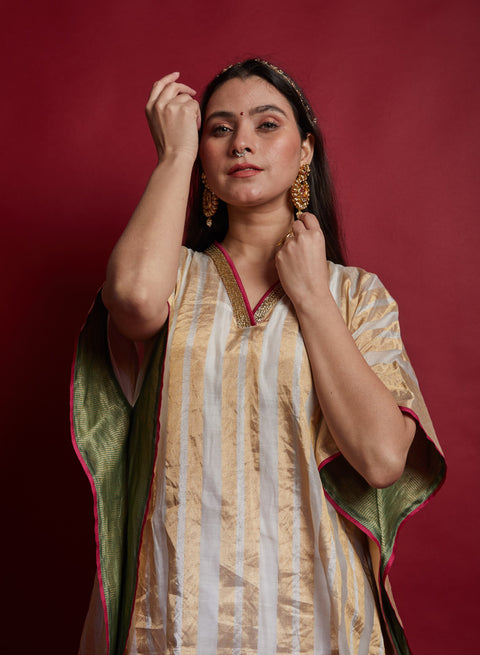 Premium Gold Zari Stripe Kaftan with Pants in Chanderi Handloom (Set of 3) - By Vinusto
