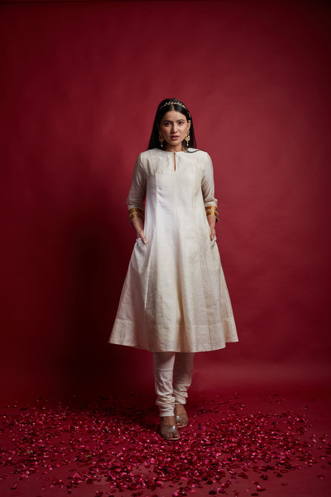 Order Ivory & Gold Stripes Princess Line Anarkali Set with Dupatta in Chanderi Handloom (Set of 3) - By Vinusto
