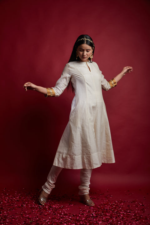 Handcrafted Ivory & Gold Stripes Princess Line Anarkali Set with Dupatta in Chanderi Handloom (Set of 3) - By Vinusto
