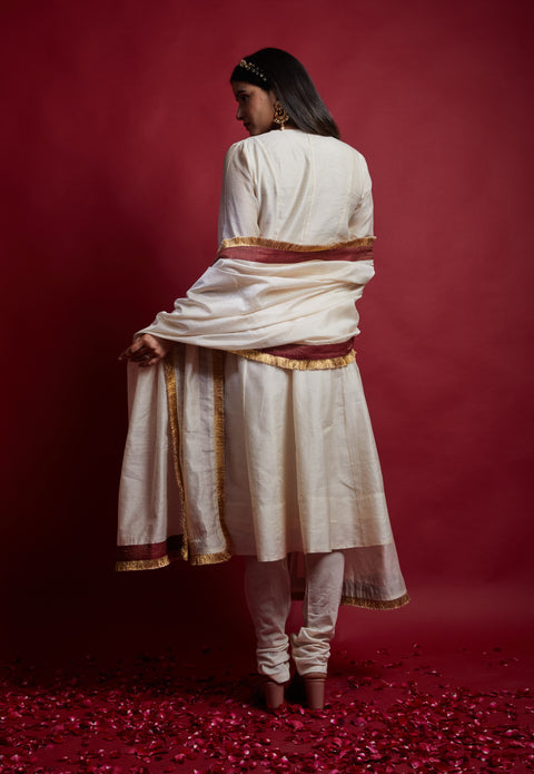 Luxury Ivory & Gold Stripes Princess Line Anarkali Set in Chanderi Handloom (Set of 2) - By Vinusto