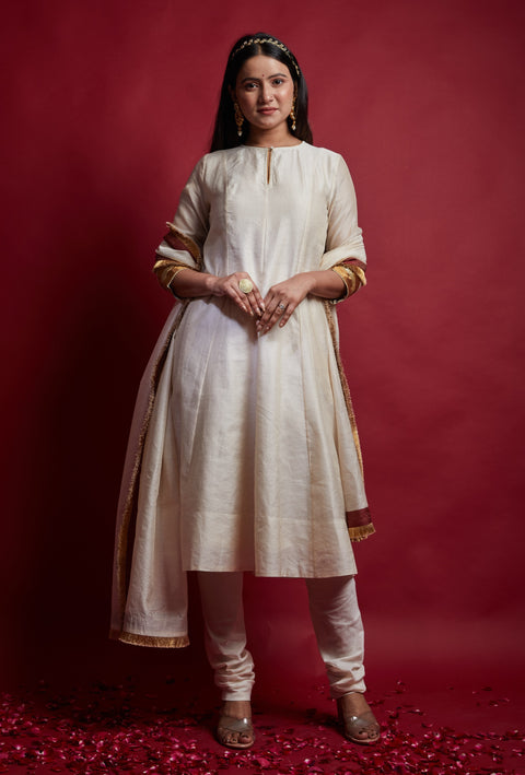 Ivory & Gold Stripes Princess Line Anarkali Set with Dupatta in Chanderi Handloom (Set of 3)