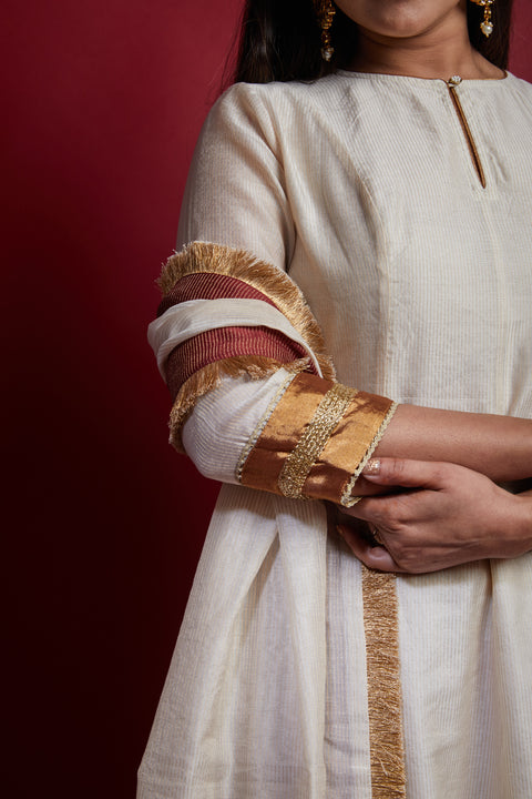 Premium Ivory & Gold Stripes Princess Line Anarkali Set with Dupatta in Chanderi Handloom (Set of 3) - By Vinusto
