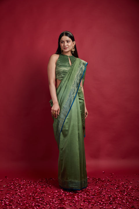 Buy Olive Green Gold Stripes Saree with Blouse in Chanderi Handloom (Set of 2) | Vinusto
