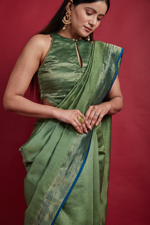 Premium Olive Green Gold Stripes Saree with Blouse in Chanderi Handloom (Set of 2) | Vinusto