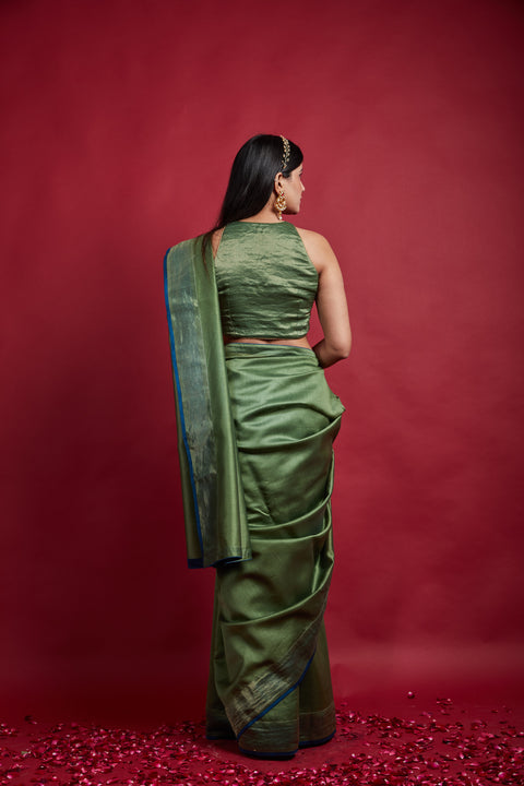 Handcraft Olive Green Gold Stripes Saree with Blouse in Chanderi Handloom (Set of 2) | Vinusto