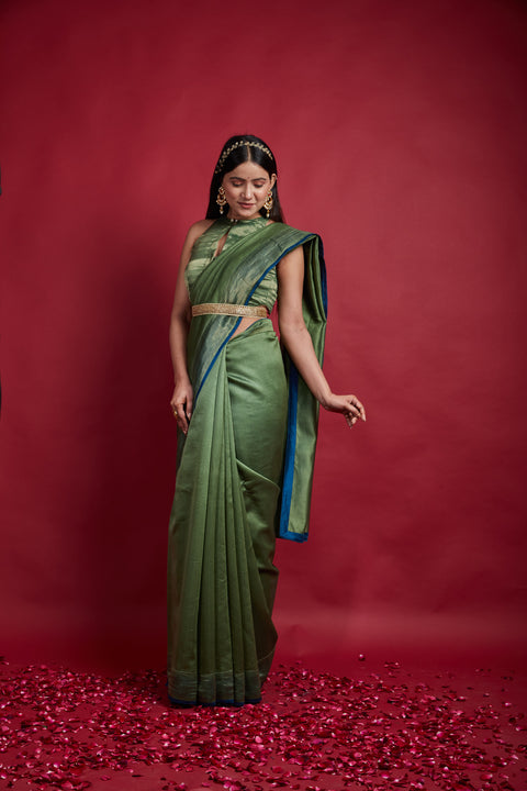 Shop Olive Green Gold Stripes Saree with Blouse in Chanderi Handloom (Set of 2) | Vinusto