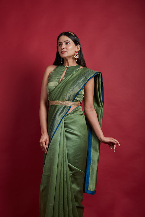 Luxury Olive Green Gold Stripes Saree with Blouse in Chanderi Handloom (Set of 2) | Vinusto