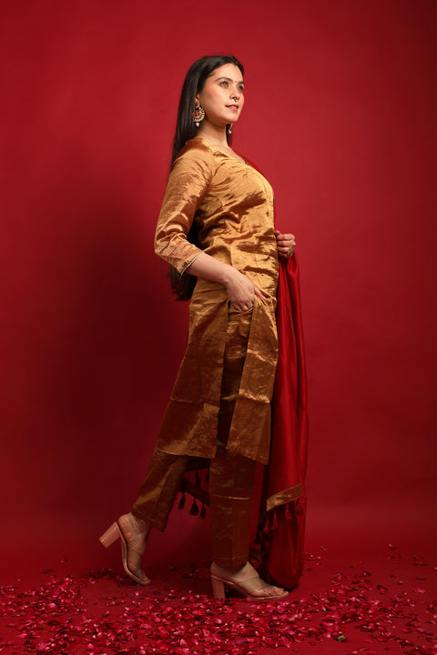 Handcrafted Straight Kurta & Pants Set in Gold Zari with Deep Red Chanderi Dupatta- Hand Loom (Set of 3) - By Vinusto
