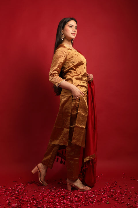 Straight Kurta & Pants Set in Gold Zari with Deep Red Chanderi Dupatta- Hand Loom (Set of 3)