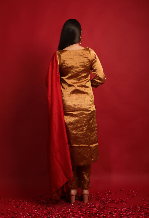 Luxury Straight Kurta & Pants Set in Gold Zari with Deep Red Chanderi Dupatta- Hand Loom (Set of 3) - By Vinusto