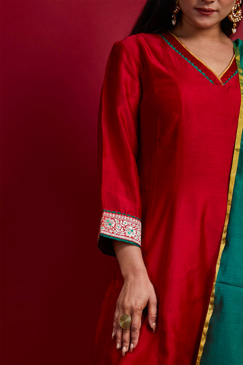 Luxury Chanderi Handloom A Line High Low Kurta with Cotton Palazzo in Red & Deep Green Chanderi Dupatta (set of 3) -  By Vinusto 
