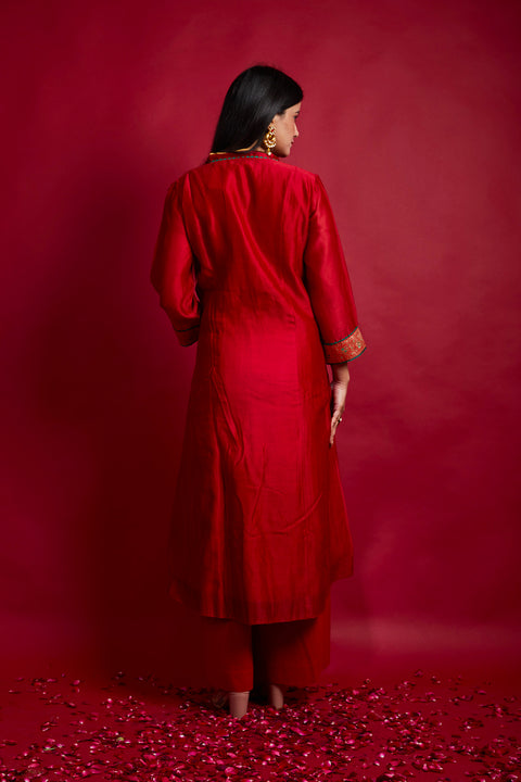 Premium Red Chanderi Handloom A-Line High-Low Kurta with Cotton Palazzo - Set of 2

